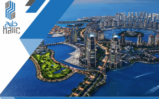 Modern skyline of Lusail City in Qatar with waterfront properties