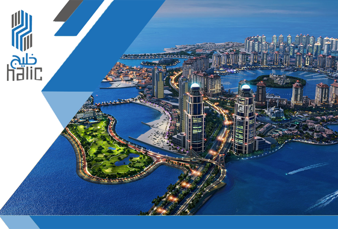 Modern skyline of Lusail City in Qatar with waterfront properties