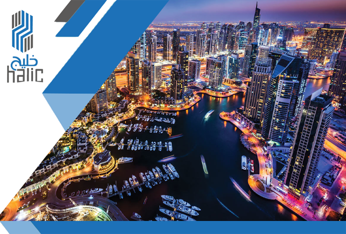 Iconic Dubai skyline with modern real estate projects and waterfront views